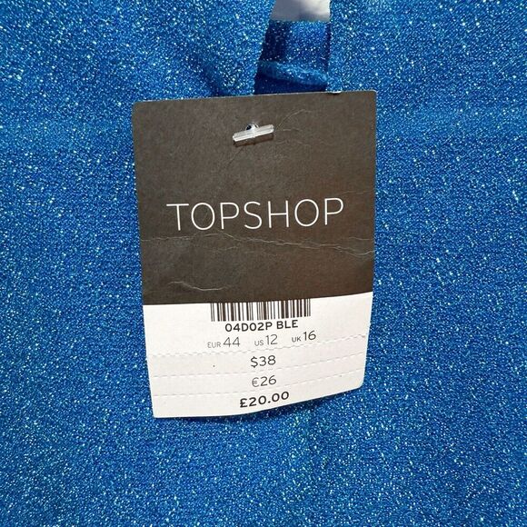 NWT TOPSHOP BLUE METALLIC GLITTER FUNNEL NECK TOP Women’s US 12 LONG SLEEVE - Picture 8 of 10